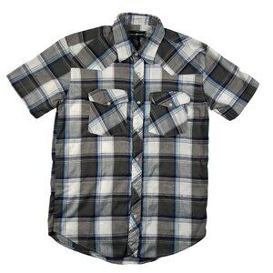 CASUAL COUNTRY Shirt Men's S/S Cotton Plaid Snap Up Black Gray White Blue M